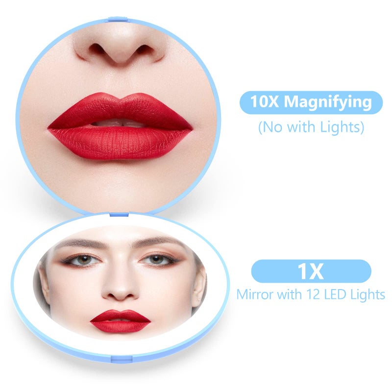 wobsion Travel Makeup Mirror with Light  1x/10x Compact Magnifying Mirror Handheld 2-Sided Pocket Mirror Led Small Mirror for Purse 3.5in Hand Mirror Travel Size Mirror for Handbag Gift Blue - Image 2